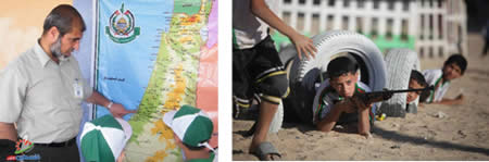 Left: One of the camp counselors explains the map of Palestine, according to which the State of Israel does not exist (Filastin Al-'Aan, June 8, 2013). Right: Semi-military training is given to children at a Hamas camp in the Gaza Strip (Palinfo website, June 10, 2013).