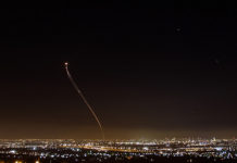 Iron Dome intercepting a rocket over the lights of central Israel. (Photo: Anders Koenig)